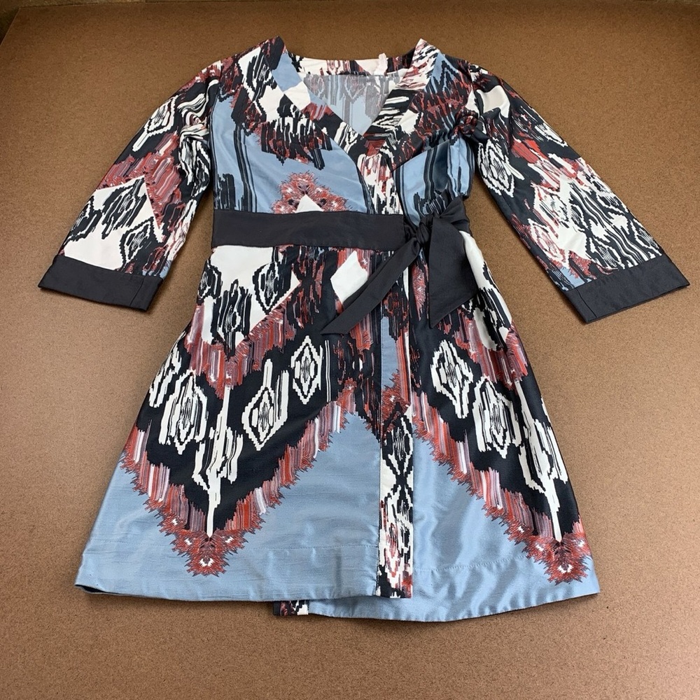 Anthropologie ELOISE Womens Black White Southwest Tribal Kimono Wrap Dress